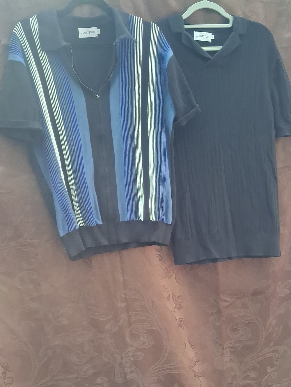 Oxknit Navy & Blue Striped Zip Polo & All Black Polo Two for One! Mens Size L
